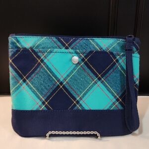 NWOT Lands' End Plaid Flannel Wristlet, Pouch, Cosmetic Bag, Navy Blue & Teal